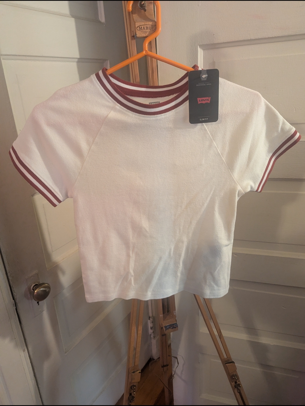 Levi's White Ringer Crop Tee with Maroon Stripes